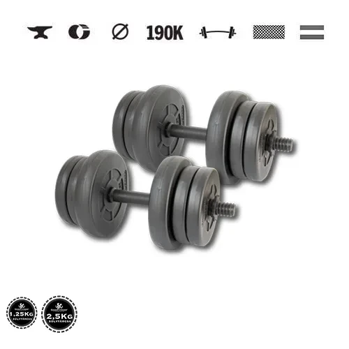 GazoFitness® Jednoručné činky 2 × 11,5 kg (spolu 23 kg) so závitovými tyčami – kotúče 4 × 2,5 kg + 8 × 1,25 kg