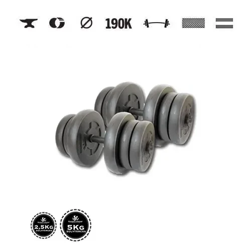 GazoFitness® Jednoručné činky 2 × 21,5 kg (spolu 43 kg) so závitovými tyčami – kotúče 4 × 5 kg + 8 × 2,5 kg