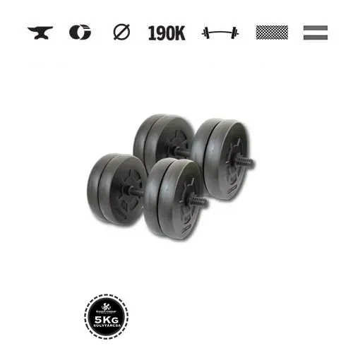 GazoFitness® Jednoručné činky 2 × 21,5 kg (spolu 43 kg) so závitovými tyčami – kotúče 8 × 5 kg