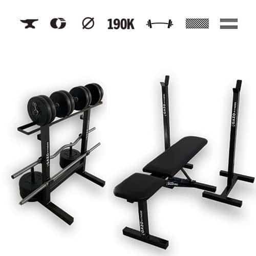 GazoFitness® Súprava Hardcore 66 kg + mobilný stojan, sklopná lavica, držiak kotúčov